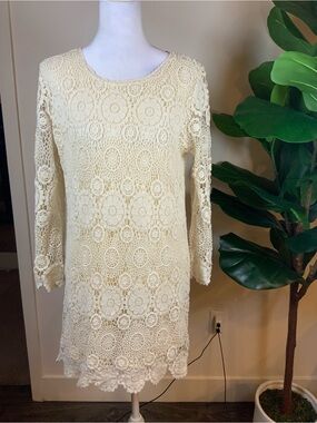 Zara Cream Crochet Lace Long Sleeve Shift Dress